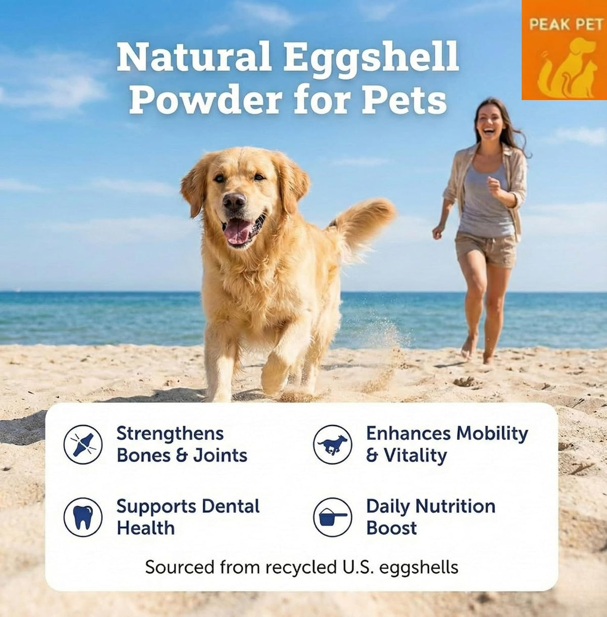 Organic Calcium for Dogs and Cats - Eggshell Powder with Eggshell Membrane and Calcium Carbonate, Egg Shell Powder Supports Strong Bones, Teeth & Mobility, Made in USA