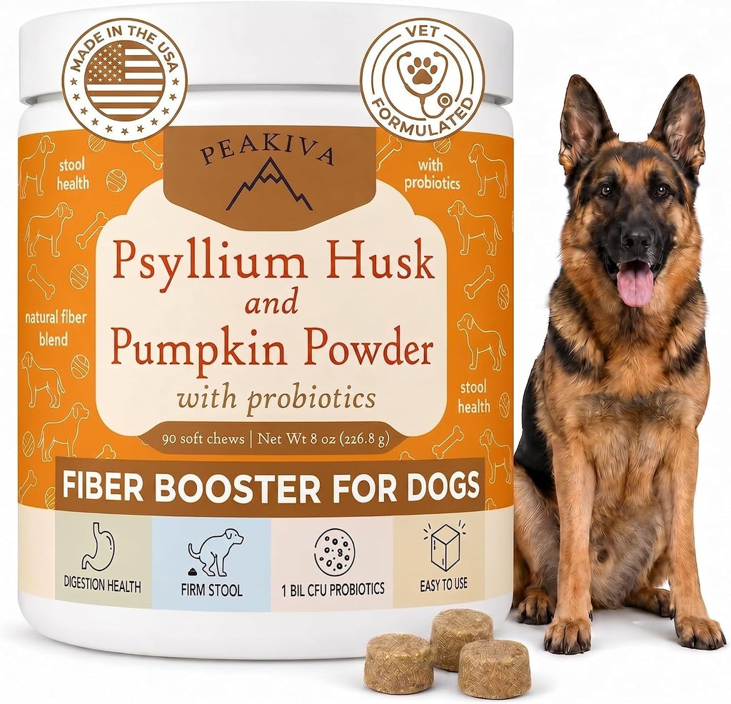 PEAKIVA Fiber for Dogs with Psyllium Husk & Pumpkin Powder, 3-in-1, Chews with Probiotic Blend for Diarrhea Relief, Stool Hardener, Anal Gland Support & Scooting